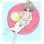  1boy ahoge ball beachball blush bulge covered_nipples dot_mouth fate/apocrypha fate_(series) floating grey_hair hair_between_eyes hand_on_own_stomach haoro innertube light_blue_background lying male_focus medium_hair on_back one-piece_swimsuit pink_innertube red_eyes sieg_(fate) signature solo swim_ring swimsuit thighhighs white_one-piece_swimsuit white_thighhighs 