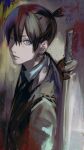  1boy 510_gotoudayo black_hair black_jacket blue_eyes chainsaw_man closed_mouth collared_shirt expressionless from_side hair_between_eyes hayakawa_aki highres jacket katana looking_at_viewer male_focus portrait shirt short_hair solo suit sword weapon 