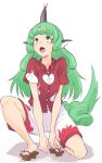  1girl blush bug butterfly cloud_print collared_shirt commentary curly_hair full_body geta green_eyes green_hair highres horns kakone komano_aunn long_hair looking_up one-hour_drawing_challenge open_mouth red_shirt shirt shorts simple_background single_horn solo tongue touhou white_background white_shorts 