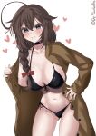  1girl bikini bikini_under_clothes black_bikini black_choker blue_eyes braid breasts brown_coat brown_hair choker cleavage coat dr.plankton front-tie_bikini_top front-tie_top hair_flaps hair_over_shoulder highres kantai_collection large_breasts long_hair open_clothes open_coat shigure_(kancolle) shigure_kai_san_(kancolle) side-tie_bikini_bottom simple_background single_braid solo swimsuit twitter_username white_background 