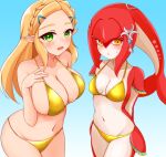 2023 accessory animal_humanoid ayatori big_breasts bikini blonde_hair blush blush_lines bodily_fluids braided_hair breasts breath_of_the_wild clothing digital_media_(artwork) duo female gold_bikini green_eyes hair hair_accessory hi_res humanoid humanoid_pointy_ears looking_at_viewer marine marine_humanoid mipha navel nintendo open_mouth princess_zelda red_body simple_background sky_background sweat sweatdrop swimwear the_legend_of_zelda yellow_eyes zora