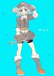  adapted_costume bad_id bad_pixiv_id blue_eyes blue_hair boots gloves grin hat kawashiro_nitori plaid shimana_(cs-ts-az) shorts smile solo touhou two_side_up unmoving_pattern wrench 