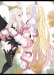  2girls absurdres anne_(bravely_second) antenna_hair arms_behind_back ass black_gloves black_leotard black_thighhighs black_wings blonde_hair blue_eyes blush boots bound bound_arms bravely_default_(series) bravely_second:_end_layer butterfly_wings commission commissioner_upload crossover elbow_gloves eye_contact face-to-face fairy fairy_wings gloves gulp5959 hana_koi_(gulp5959) highres insect_wings leg_up leotard long_hair looking_at_another multiple_girls open_mouth original pink_leotard pointy_ears restrained skeb_commission smile spread_legs tentacles thigh_boots thighhighs torso_grab very_long_hair white_gloves white_hair white_thighhighs wings 