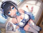  1girl bare_shoulders bed black_hair blue_eyes blue_flower blue_skirt breasts cleavage condom condom_packet_strip condom_wrapper detached_collar detached_sleeves dutch_angle flower frilled_skirt frills gloves gomashio_ponz halterneck hand_on_own_thigh hand_up highres holding id_card large_breasts looking_at_viewer miniskirt on_bed open_mouth original pillow rose sex_toy shirt short_hair short_sleeves showgirl_skirt sitting skindentation skirt slippers solo spaghetti_strap thighhighs thighs white_gloves white_shirt white_thighhighs zettai_ryouiki 