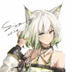  1girl animal_ears arknights artist_name bare_shoulders cat_ears cat_girl cat_tail chinese_commentary chromatic_aberration closed_mouth coat commentary dated dress green_dress green_eyes green_hair grey_hair hand_in_own_hair highres kal&#039;tsit_(arknights) looking_at_viewer medium_hair open_clothes open_coat simple_background sin. solo stethoscope tail upper_body white_background 