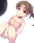  ayanami_(kantai_collection) blush brown_eyes brown_hair commentary_request food_print hair_ribbon kantai_collection long_hair looking_at_viewer minarai_shachou panties parted_lips print_panties ribbon side_ponytail simple_background solo underwear white_background white_panties 