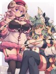  2girls animal_ears black_thighhighs breasts cleavage crossed_legs curled_horns green_eyes green_hair horns kuromiya kuromiya_raika kuzakura_mika large_breasts long_hair looking_at_viewer multicolored_hair multiple_girls orange_hair original pink_hair purple_eyes sheep_girl sheep_horns sitting thighhighs thighs twitter_username two-tone_hair 