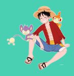  absurdres aipom black_hair blue_shorts chimchar hat highres monkey_d._luffy one_piece open_clothes pokemon red_shirt sandals scar scar_on_chest scar_on_face shirt shorts sitting smile straw_hat 
