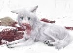 1girl :p animal_ears blonde_hair blood blood_in_hair blood_on_face blue_eyes corpse dismemberment diu9you guro hair_between_eyes highres intestines organs original ribs severed_leg severed_limb snow solo tongue tongue_out white_fur white_hair wolf_ears wolf_girl 
