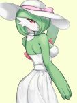  1girl adjusting_clothes adjusting_headwear arm_at_side back blush bob_cut choker closed_mouth clothed_pokemon colored_skin commentary cowboy_shot dress english_commentary from_behind gardevoir green_hair green_skin hair_over_one_eye hand_up happy hat hat_ribbon lalan looking_at_viewer looking_back multicolored_skin one_eye_covered pink_ribbon pokemon pokemon_(creature) red_eyes ribbon short_hair simple_background smile solo standing strapless strapless_dress sun_hat two-tone_skin white_choker white_dress white_hat white_skin yellow_background 