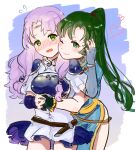  2girls armor belt blue_gloves blush breastplate closed_eyes closed_mouth dress embarrassed fingerless_gloves fire_emblem fire_emblem:_the_blazing_blade florina_(fire_emblem) flying_sweatdrops gloves green_eyes green_gloves green_hair hand_on_another&#039;s_face heart highres holding_hands hug hug_from_behind long_hair looking_at_another lyn_(fire_emblem) multiple_girls one_eye_closed open_mouth ponytail purple_hair sakuramotikun white_dress yuri 