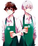  apron blue_eyes brown_hair coffee cup employee_uniform holding holding_cup kakumeiki_valvrave l-elf male_focus multiple_boys purple_eyes sana423 silver_hair smile starbucks tokishima_haruto uniform white_background 