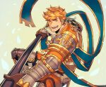  1boy absurdres armored_boots black_pants blonde_hair boots brown_gloves falling_petals gloves granblue_fantasy green_eyes highres holding holding_weapon male_focus one_eye_closed oneirio open_mouth pants petals short_hair simple_background smile solo twitter_username vambraces vane_(granblue_fantasy) weapon 