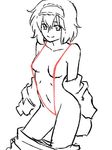  alice_margatroid breasts collarbone hairband looking_at_viewer navel nip_to_chip partially_colored short_hair simple_background sketch slingshot_swimsuit small_breasts smile solo swimsuit touhou undressing white_background 