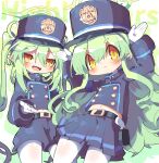  2girls belt black_belt blue_archive blue_shirt blue_skirt blush character_request closed_mouth commentary_request dangomushi fang gloves green_hair green_halo hair_between_eyes halo hands_up hat long_hair long_sleeves looking_at_viewer military_uniform multiple_girls open_mouth pantyhose shirt skin_fang skirt smile twintails uniform white_gloves white_pantyhose yellow_eyes 