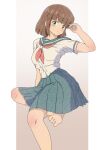  1girl adjusting_hair barefoot blue_sailor_collar blue_skirt border brown_background brown_hair feet gradient_background green_eyes highres looking_at_viewer medium_hair miyake_shinobu neckerchief outside_border pleated_skirt red_neckerchief sailor_collar school_uniform serafuku shirt sitting skirt solo takinomori_momiji toes urusei_yatsura white_border white_shirt 