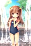  azuma_yuki brown_eyes brown_hair child covered_navel fountain long_hair looking_at_viewer name_tag one-piece_swimsuit original school_swimsuit signature smile solo swimsuit swimsuit_under_clothes two_side_up wet 
