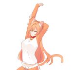  1girl animal_ears arm_up bell breasts cat_ears cat_girl cat_tail closed_eyes collar commentary jingle_bell large_breasts long_hair midriff neck_bell orange_hair original pants red_collar solo stretching tail track_pants trembling udon-udon upper_body 