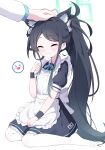  1girl 1other absurdly_long_hair absurdres animal_ear_fluff animal_ears apron aris_(blue_archive) aris_(maid)_(blue_archive) black_dress black_hair blue_archive blush cat_ears closed_eyes closed_mouth dress exusiai_dust frilled_apron frills green_halo halo highres long_hair maid maid_headdress pantyhose puffy_short_sleeves puffy_sleeves sensei_(blue_archive) short_sleeves simple_background smile solo_focus very_long_hair white_apron white_background white_pantyhose 