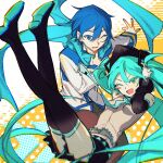  1boy 1girl aqua_eyes aqua_hair aqua_necktie aqua_scarf beileimao black_skirt black_thighhighs blue_eyes blue_hair blue_nails boots colored_eyelashes detached_sleeves full_body grey_skirt hair_between_eyes hand_on_headphones happy hatsune_miku kaito_(vocaloid) long_hair looking_at_viewer necktie one_eye_closed open_mouth pants polka_dot polka_dot_background scarf short_hair skirt smile thigh_boots thighhighs two-tone_background upper_body very_long_hair vocaloid white_background yellow_background 