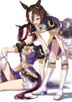  2girls animal_ears boots brown_eyes brown_hair dress ear_ornament eyepatch gate_of_infinity_(umamusume) gul_(parfaitgul) hair_over_one_eye hand_on_own_knee highres horse_ears horse_girl horse_tail knee_boots looking_at_another multicolored_hair multiple_girls open_mouth purple_dress purple_shirt shirt short_hair sitting skirt streaked_hair tail tanino_gimlet_(umamusume) umamusume vodka_(umamusume) white_background white_footwear white_hair yellow_eyes 