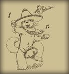  anthro canine clothing convenient_censorship dancing happy hat kemono male mammal maracas monochrome music musical_note navel nipples on_one_leg open_mouth plain_background poncho sketch solo sombrero standing stevenlew 