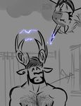  2014 anthro antlers bathroom beard bgn body_hair cervine chest_hair ear_piercing electricity equine facial_hair grey_theme hairy horn male mammal muscles nado_(character) nado_character nude piercing prank shower sketch sneaky topless unicorn upside_down 