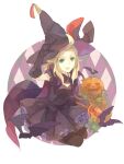  1girl ahoge argyle_background arm_up bat_(animal) black_dress black_gloves black_thighhighs blonde_hair bravely_default:_flying_fairy bravely_default_(series) cape commentary_request dress edea_lee elbow_gloves frilled_dress frills gloves green_eyes halloween hat jack-o&#039;-lantern jpeg_artifacts long_hair looking_at_viewer pantyhose pointing pointing_up pumpkin purple_background round_image seiza shrie sitting solo thighhighs white_background witch witch_hat 