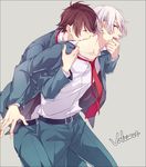  biting brown_hair closed_eyes copyright_name grey_background kakumeiki_valvrave l-elf loose_necktie male_focus multiple_boys neck_biting necktie open_mouth purple_eyes sara666 school_uniform silver_hair tokishima_haruto 