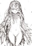  armor braid breasts cloak cross-shaped_pupils dagger feathered_cloak hair_over_one_eye holding holding_weapon hood hood_over_one_eye hooded_cloak knife long_hair monochrome musen-shiki_sanhankikan navel nipples nude original pussy scale_armor simple_background sketch small_breasts symbol-shaped_pupils torn_clothes weapon white_background 