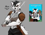 absurd_res anthro armor black_hair breastplate dialogue eye_scar facial_scar fur hair heterochromia hi_res male marshall_the_wolf melee_weapon scar shoulder_pads shovrost solo sword sword_sheath weapon white_body white_fur