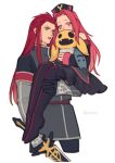  1boy 1girl arietta_(tales) asch_(tales) black_footwear black_hat blue_eyes boots carrying carrying_person coat commentary_request grey_coat holding holding_stuffed_toy holding_sword holding_weapon long_hair meiji_(pecosyr5) open_mouth pink_eyes pink_hair red_hair simple_background standing stuffed_toy sword tales_of_(series) tales_of_the_abyss thigh_boots weapon white_background 