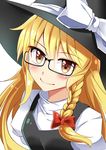  absurdres bespectacled blonde_hair blush bow braid e.o. glasses hair_bow hat hat_bow highres kirisame_marisa long_hair puffy_short_sleeves puffy_sleeves short_sleeves single_braid smile solo touhou tsurime turtleneck white_bow witch_hat yellow_eyes 