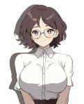  1girl black_skirt breasts brown_eyes brown_hair chocomiru collared_shirt curly_hair dress_shirt glasses large_breasts looking_at_viewer original shirt short_hair skirt smile solo white_shirt 