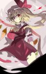  1girl absurdres blonde_hair cowboy_shot crystal_wings dress flandre_scarlet frilled_dress frills from_below hair_ribbon hat highres ichirugi looking_at_viewer mob_cap puffy_short_sleeves puffy_sleeves red_dress red_eyes red_ribbon ribbon short_sleeves side_ponytail solo touhou 