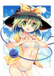  alternate_costume bikini blush breasts eyeball green_eyes green_hair hat heart heart-shaped_pupils heart_hands heart_of_string highres jewelry komeiji_koishi looking_at_viewer maturiuta_sorato navel necklace open_mouth short_hair small_breasts smile solo striped striped_bikini sun swimsuit symbol-shaped_pupils third_eye touhou 