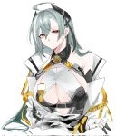  1girl :c ahoge bisaytin breasts cleavage corrupted_twitter_file earrings frown girls&#039;_frontline green_hair headgear highres jewelry long_hair looking_at_viewer ltlx_7000_(girls&#039;_frontline) mole mole_on_breast mole_on_neck multicolored_hair red_eyes simple_background solo streaked_hair upper_body white_background white_hair 