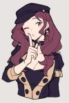  1girl :o black_hat blush breasts brown_hair cabbie_hat cleavage commentary cropped_torso do_m_kaeru dorothea_arnault earrings fire_emblem fire_emblem:_three_houses garreg_mach_monastery_uniform green_eyes grey_background hat index_finger_raised jewelry large_breasts long_hair looking_at_viewer one_eye_closed simple_background solo 