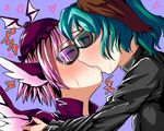  alternate_costume animal_ears blush choujuu_gigaku collar green_eyes green_hair hat kasodani_kyouko kiss multiple_girls mystia_lorelei pink_eyes sei_(kaien_kien) short_hair sunglasses touhou wings yuri 