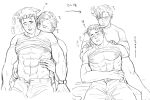  2boys ^^^ abs ao_isami bara bare_pectorals blush clothes_lift couple facial_hair feet_out_of_frame greyscale greyscale_with_colored_background highres kiss kissing_neck large_pectorals lewis_smith male_focus medium_sideburns monochrome multiple_boys muscular muscular_male nijim nipples open_fly pectorals sequential shirt_lift sideburns_stubble sitting sleeping sleepy stubble surprised thick_eyebrows translation_request underpec yaoi yuuki_bakuhatsu_bang_bravern 