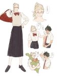  1boy 1girl ahoge arm_behind_head bag black_footwear black_hair black_skirt blonde_hair brown_eyes chengongzi123 closed_mouth collared_shirt commentary full_body genderswap genderswap_(mtf) glasses haikyuu!! hand_on_another&#039;s_chest hand_on_own_hip hand_up hands_up happy_aura hetero high_ponytail highres holding holding_bag holding_stuffed_toy long_hair long_skirt long_sleeves looking_at_viewer necktie open_mouth pantyhose pleated_skirt puffy_long_sleeves puffy_sleeves red_bag red_necktie school_uniform shirt short_hair simple_background skirt smile speech_bubble standing striped_necktie stuffed_dinosaur stuffed_toy sweater_vest symbol-only_commentary translation_request tsukishima_kei white_background white_pantyhose white_shirt yamaguchi_tadashi 