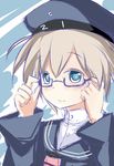  adjusting_eyewear bespectacled blue_background blue_eyes blush buttons clothes_writing glasses hat kantai_collection long_sleeves looking_at_viewer raised_eyebrows sailor_collar sailor_hat short_hair silver_hair sketch smile solo upper_body z1_leberecht_maass_(kantai_collection) zuo_wei_er 
