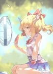  :o bare_shoulders blonde_hair bow fan food fruit hair_bow hillly_(maiwetea) horns ibuki_suika looking_at_viewer oni orange_hair pleated_skirt ponytail ribbon shirt sidelocks sitting skirt sleeveless sleeveless_shirt solo touhou wariza watermelon wrist_cuffs yellow_eyes 