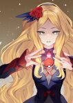  1girl black_hairband blonde_hair brown_background caitlin_(fall_2021)_(pokemon) caitlin_(pokemon) commentary_request eyelashes flower gradient_background green_eyes hair_flower hair_ornament hairband highres long_hair parted_bangs parted_lips poke_ball poke_ball_(basic) pokemon pokemon_masters_ex psychic red_flower red_rose roka_(o-yasumi) rose simple_background solo upper_body wavy_hair 