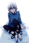  artist_name barefoot chain child cuffs kakumeiki_valvrave l-elf male_focus mizuno_kagari open_mouth purple_eyes shackles silver_hair sitting snow snow_on_head solo younger 