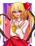  1girl blonde_hair border cowboy_shot crystal_wings dress flandre_scarlet hair_ribbon long_hair misoice_ramen open_mouth pointy_ears red_eyes red_ribbon ribbon school_uniform serafuku side_ponytail solo sweat touhou white_border yellow_ribbon 