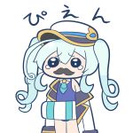  1girl anson_(azur_lane) aoirocombo azur_lane bare_shoulders blue_hair blue_one-piece_swimsuit chibi coat fake_facial_hair fake_mustache one-piece_swimsuit simple_background swimsuit tagme 