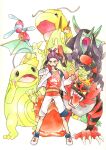  1boy black_hair blue_socks dragonite full_body gloves grimmsnarl highres hydrapple incineroar jacket kieran_(pokemon) long_sleeves male_focus mole mole_on_neck multicolored_hair open_clothes open_jacket open_mouth orange_eyes pokemon pokemon_(creature) pokemon_sv politoed porygon-z purple_hair red_gloves red_tank_top sharp_teeth shoes shorts simple_background single_glove socks standing tank_top teeth tongue urano_ritsu white_background white_footwear white_jacket 