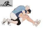  2boys akaashi_keiji black_eyes black_hair blue_shirt bokuto_koutarou chengongzi123 closed_eyes closed_mouth english_commentary full_body grey_hair haikyuu!! highres hug hug_from_behind knee_pads kneeling looking_down male_focus multiple_boys open_mouth reference_inset shirt shoes short_hair short_sleeves shorts simple_background sitting sneakers t-shirt thick_eyebrows very_short_hair white_background white_footwear white_shorts yaoi 
