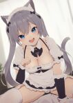  1girl absurdres animal_ear_fluff animal_ears apron black_bow black_sleeves blurry blurry_background bow breasts cat_ears cat_girl cat_tail cleavage collarbone commentary_request depth_of_field detached_sleeves frilled_apron frilled_sleeves frills garter_straps grey_hair hair_bow highres hinata_(user_rjkt4745) indoors long_hair long_sleeves maid maid_headdress medium_breasts original panties paw_pose puffy_short_sleeves puffy_sleeves short_sleeves sitting solo spread_legs tail thighhighs twintails underwear very_long_hair waist_apron white_apron white_panties white_thighhighs 